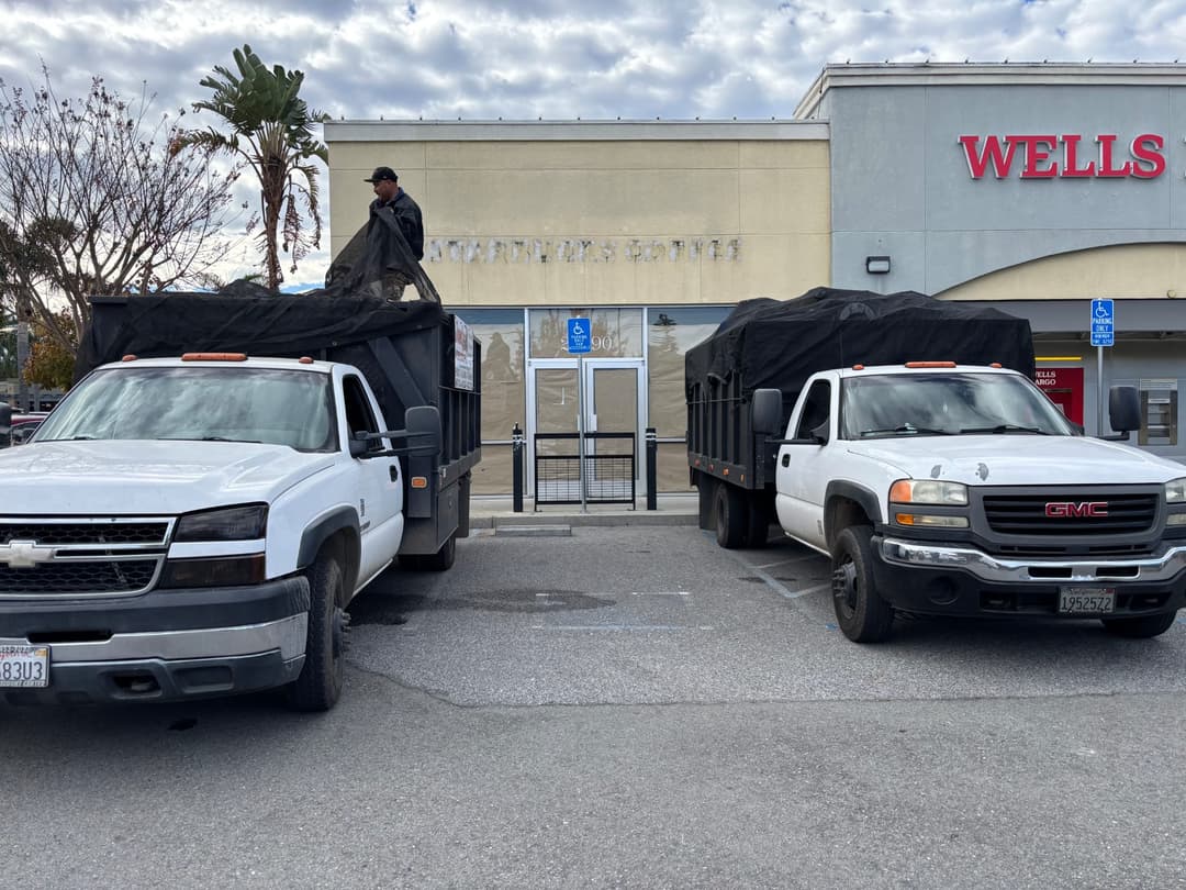 Commercial junk removal trucks parked outside retail property for large-scale cleanout